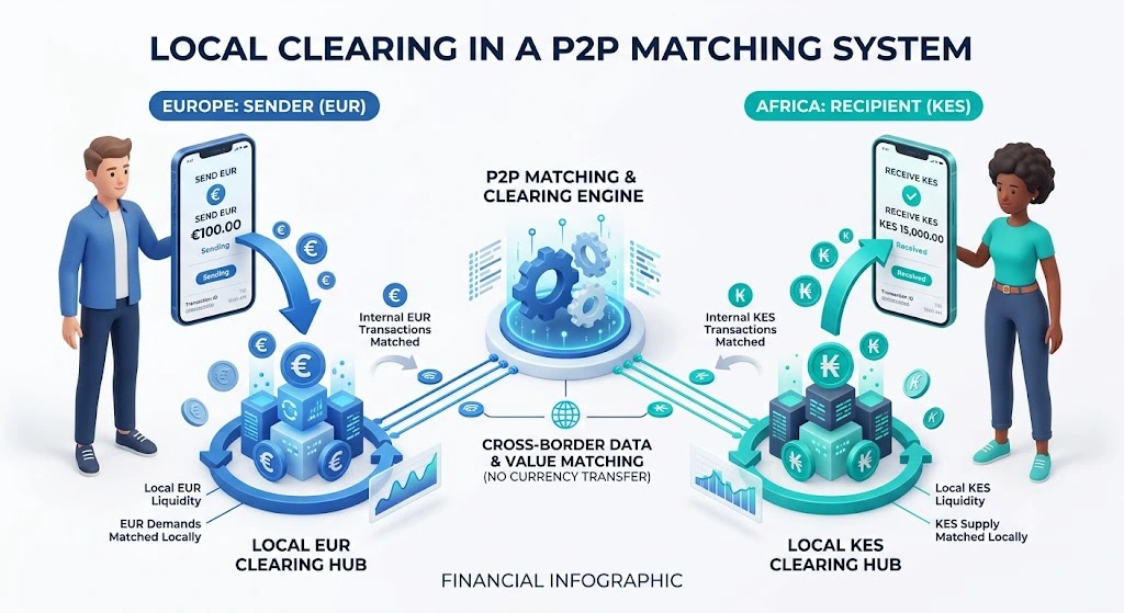 Minimalist 3D infographic illustrating financial local clearing within a P2P matching ecosystem