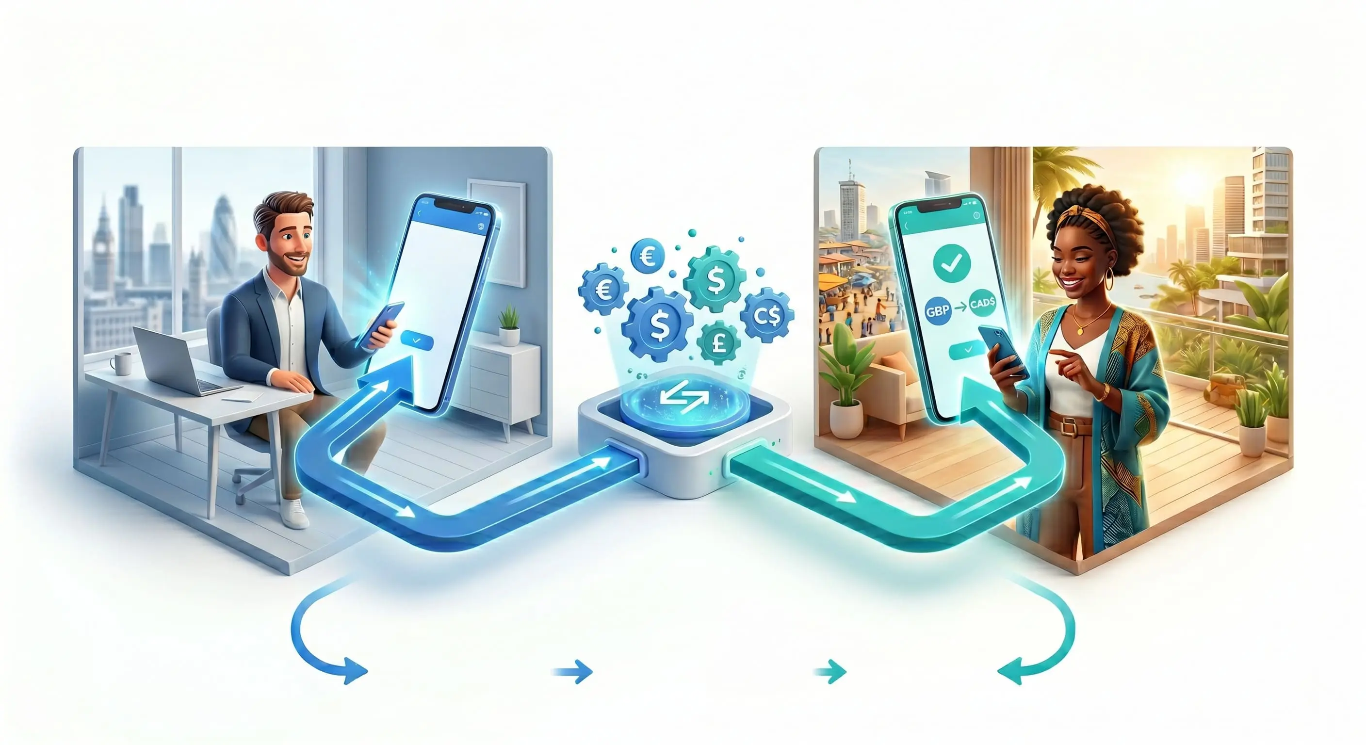 3D infographic illustrating peer-to-peer matching and local financial clearing without cross-border movement