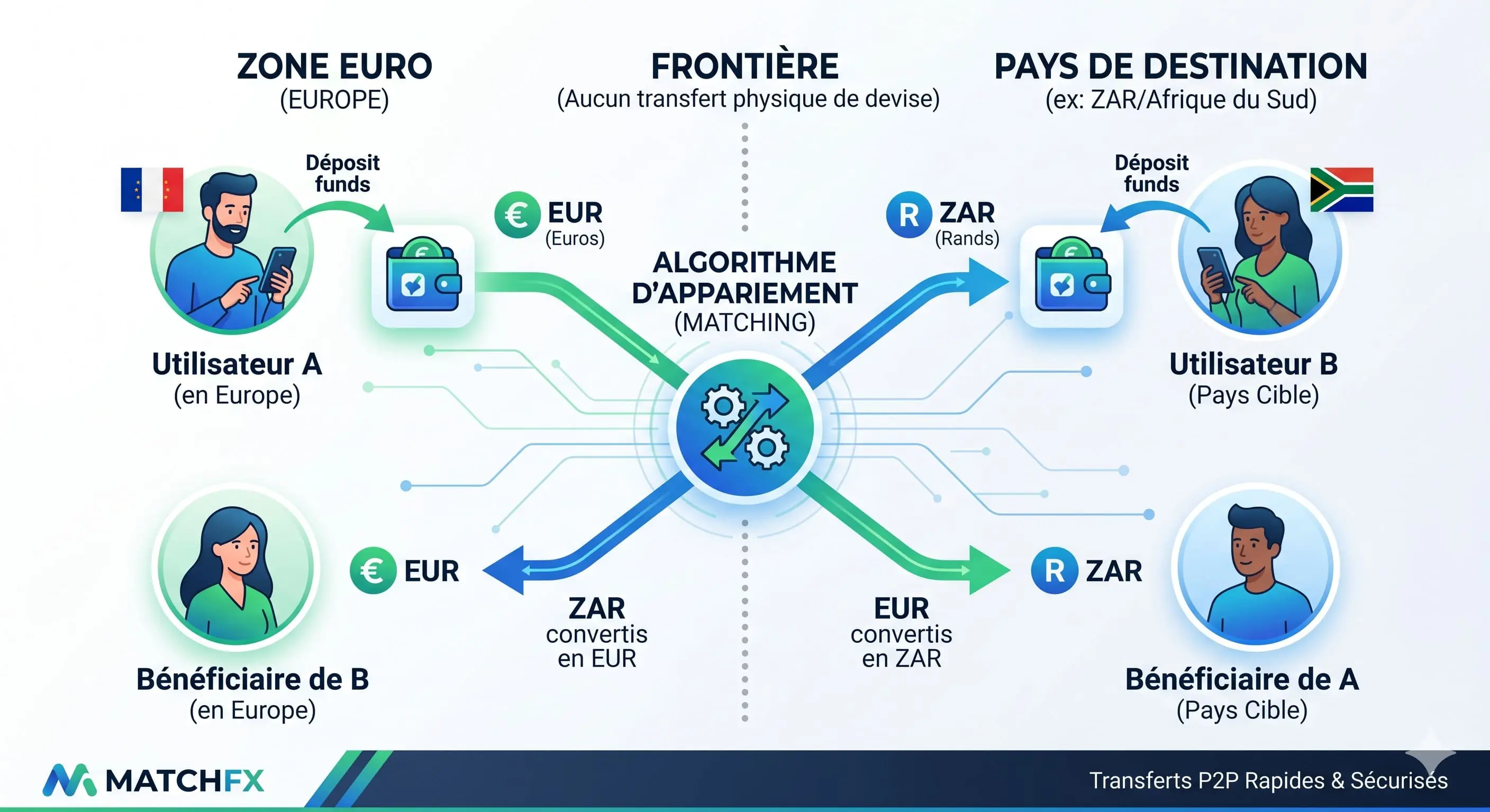 Une infographie moderne et &eacute;pur&eacute;e de CashSwapClub illustrant un syst&egrave;me de transfert de devises pair-&agrave;-pair (P2P). Le diagramme est divis&eacute; par une ligne pointill&eacute;e verticale repr&eacute;sentant une 