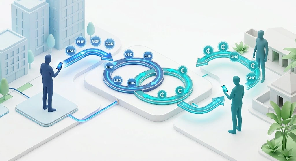 3D infographic showing Peer-to-Peer local matching for sending money to Ghana without cross-border fees