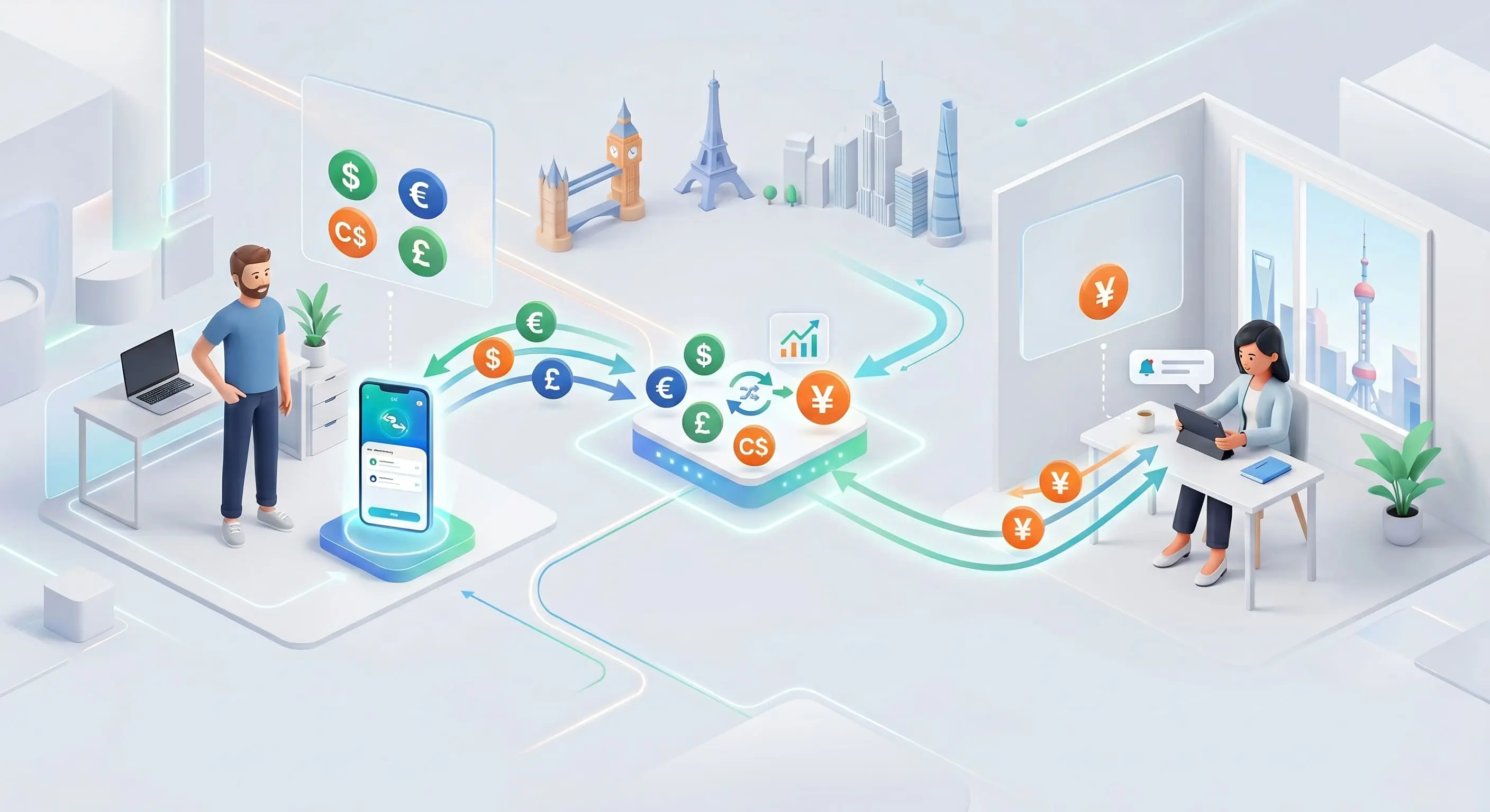 Infographie 3D illustrant le clearing local et le matching P2P pour envoyer de l argent vers la Chine sans frais cach&eacute;s