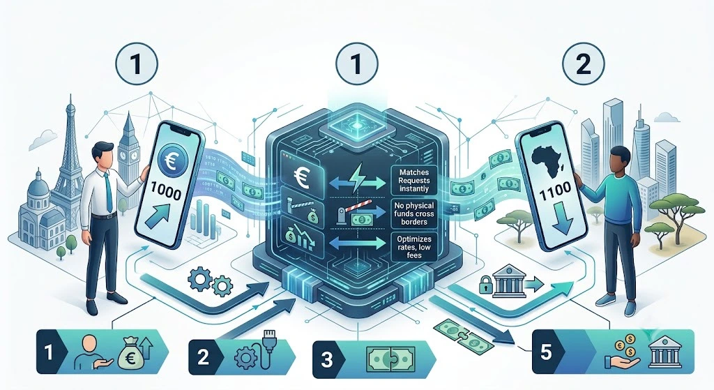 3D infographic showing local clearing in a Peer-to-Peer matching system for secure global transfers