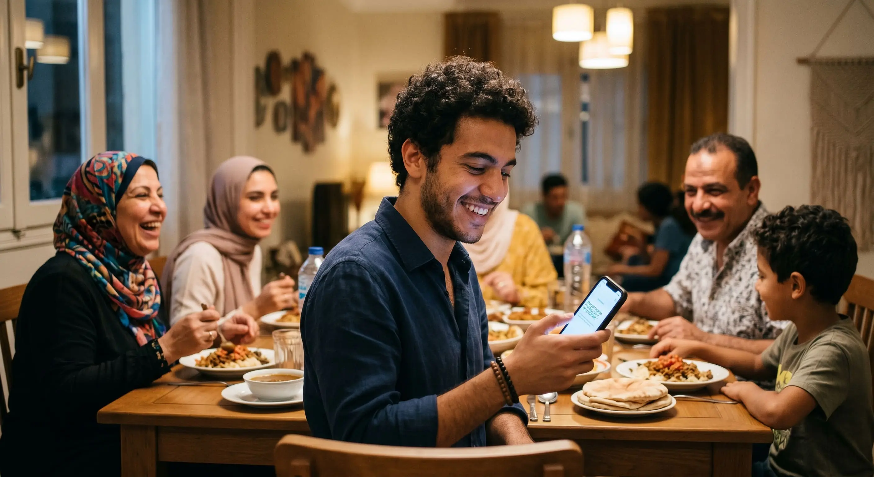 Jeune membre de la diaspora égyptienne souriant après un transfert d'argent validé sur son smartphone
