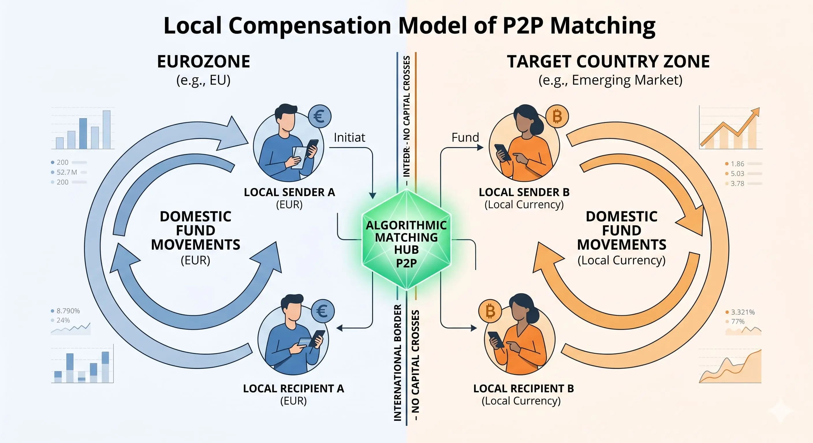 Instructional diagram showing P2P local matching for domestic funds across borders without capital transfer.