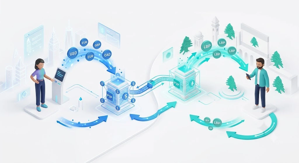 Infographie 3D illustrant le clearing local financier et le syst&egrave;me de matching Peer-to-Peer sur mobile