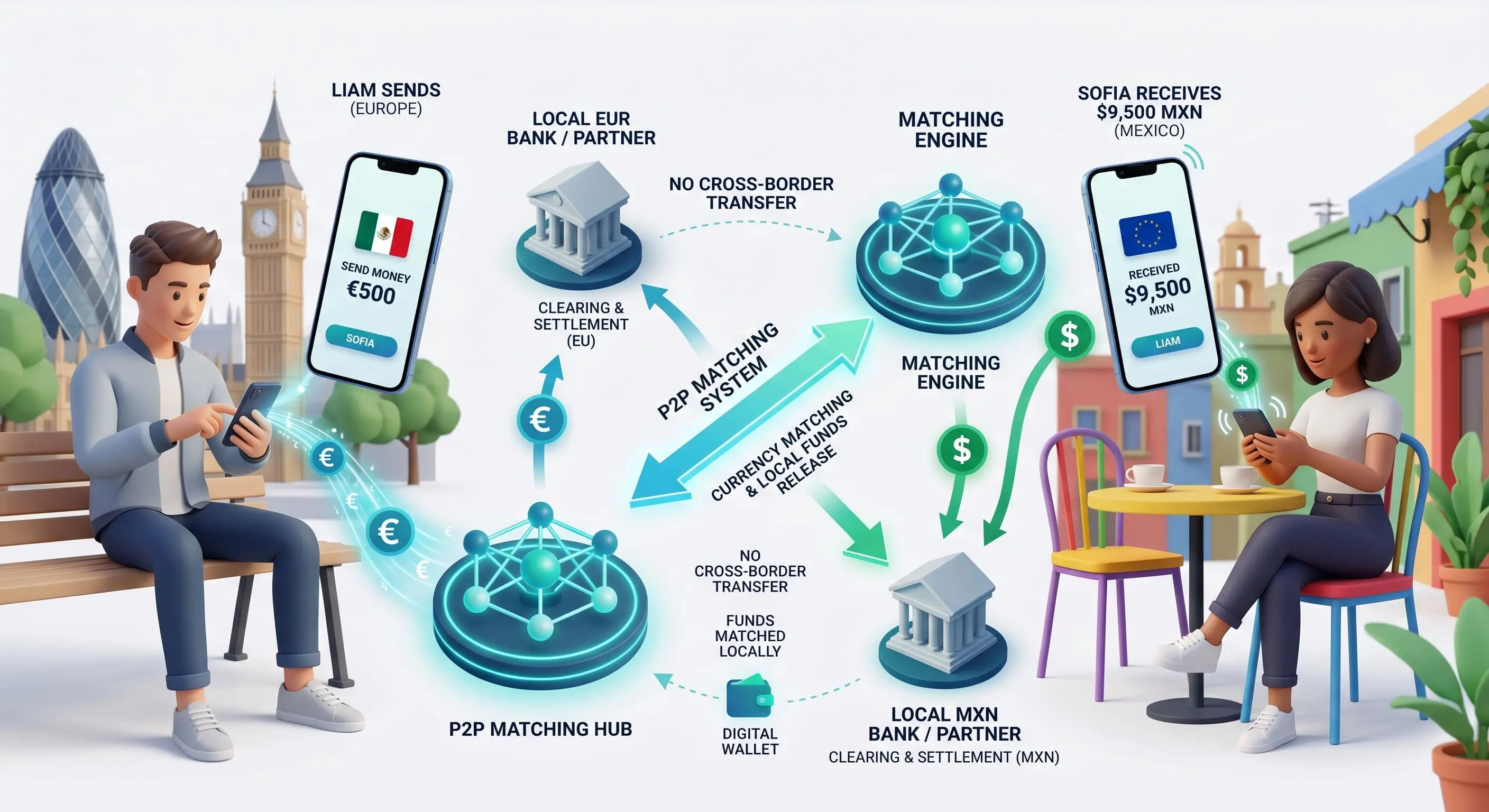 A clean 3D illustration showing a peer-to-peer financial clearing system matching users locally across borders