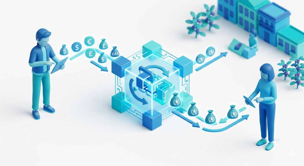 Infograf&iacute;a 3D minimalista que explica el funcionamiento del matching P2P y la liquidaci&oacute;n local de divisas sin cruce de fronteras