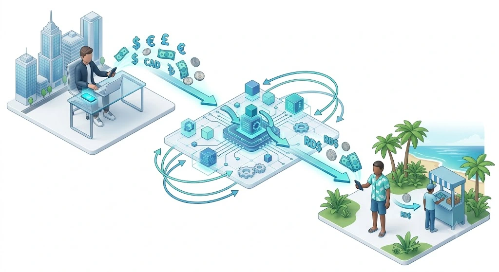 3D infographic showing local financial clearing in a P2P matching system