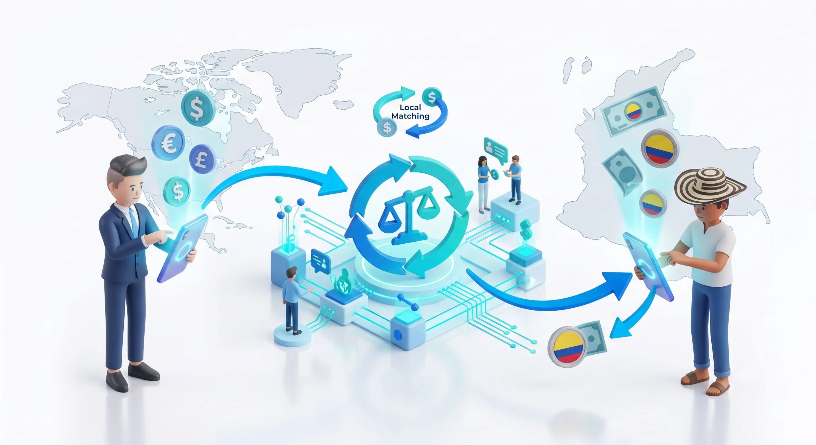 3D infographic illustrating financial local clearing in a Peer-to-Peer matching system for international transfers without crossing borders