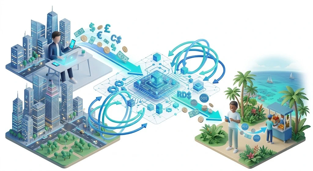 Infograf&iacute;a 3D de compensaci&oacute;n financiera local y sistema P2P para evitar comisiones internacionales