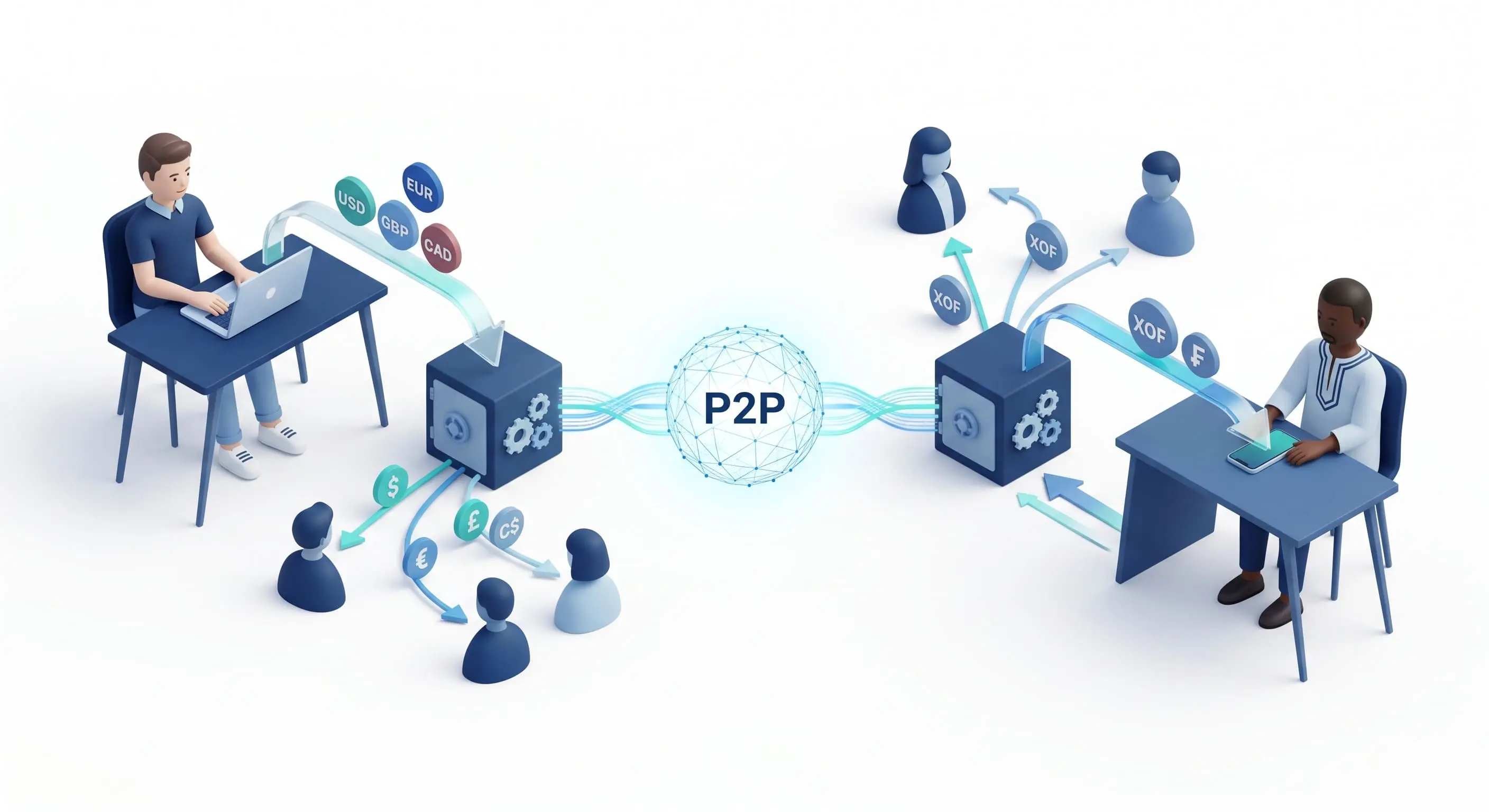 Infographie 3D illustrant la compensation financi&egrave;re locale et le syst&egrave;me de matching Peer-to-Peer avec des devises internationales
