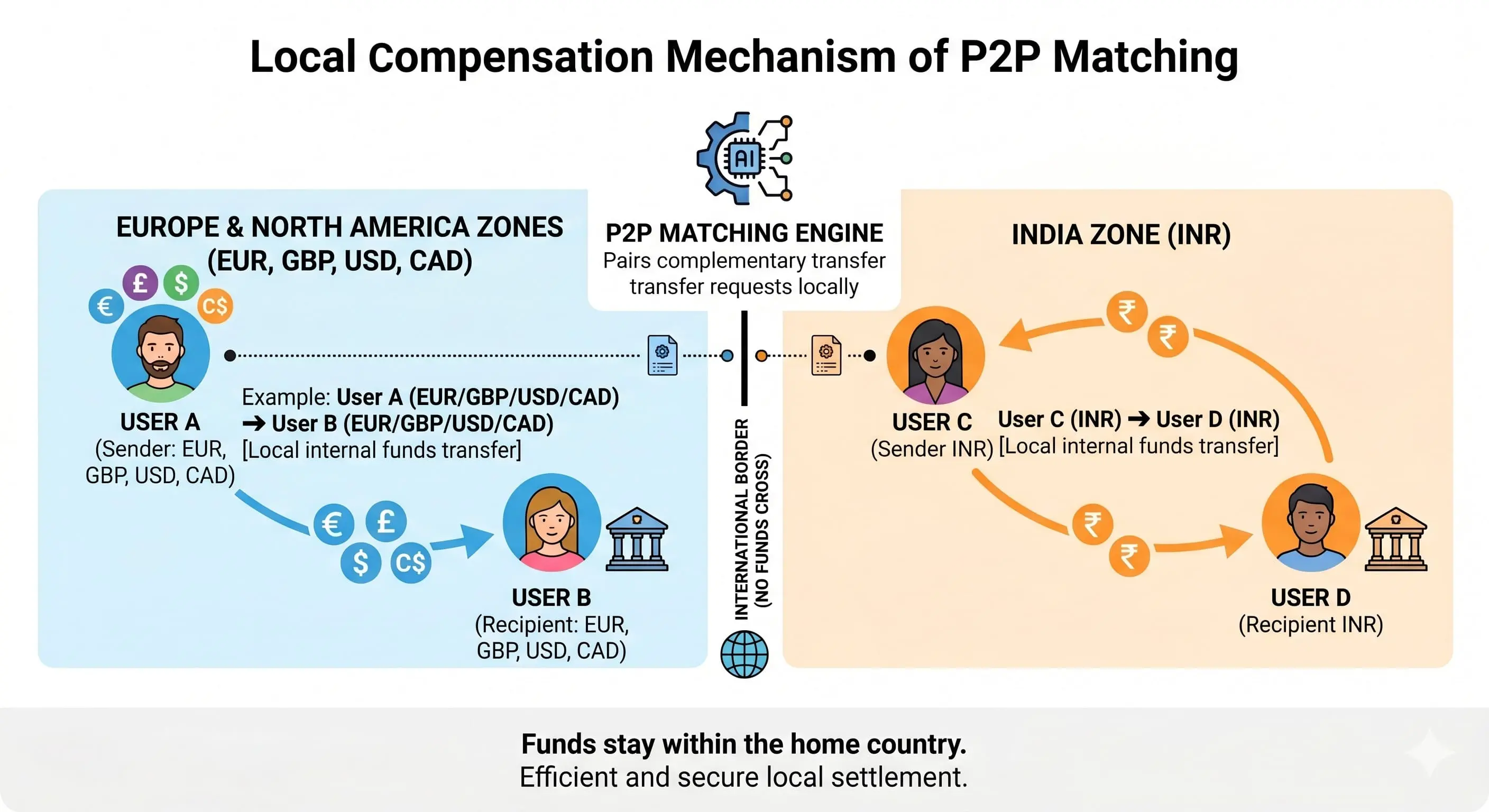 Architectural schema showing the local compensation mechanism and P2P matching that allows users to send money to India without crossing borders