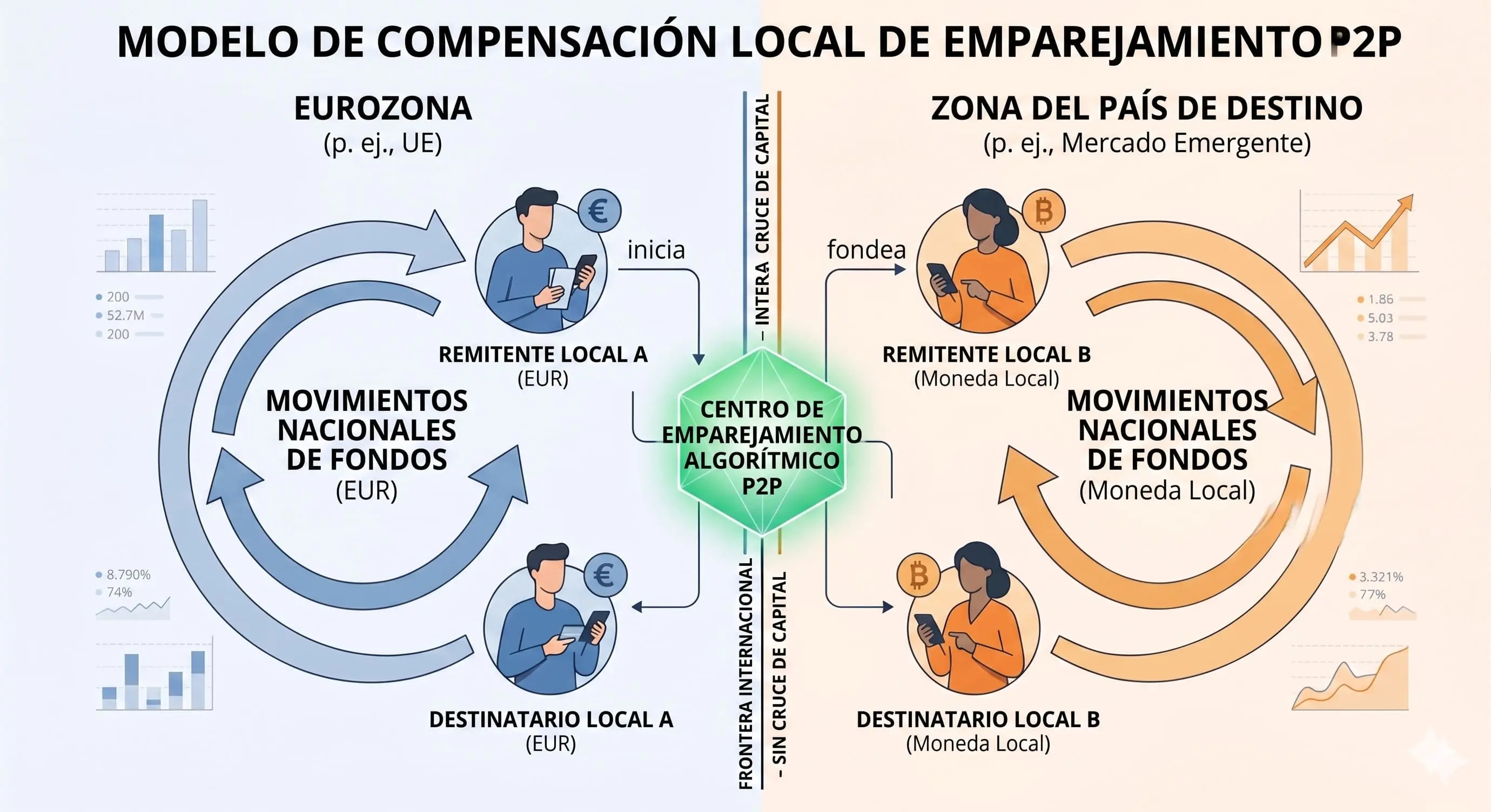 Diagrama instructivo que muestra la correspondencia local entre particulares (P2P) para fondos nacionales que trascienden fronteras, sin transferencia de capital.