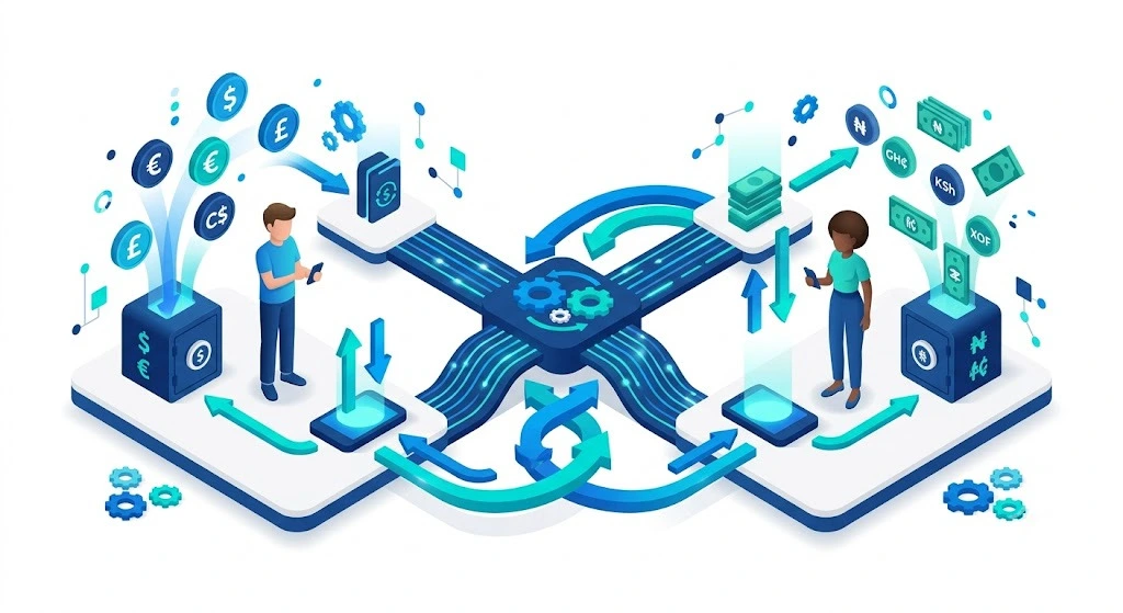 Peer-to-Peer matching system illustrating local financial clearing and absolute transfer transparency between international users