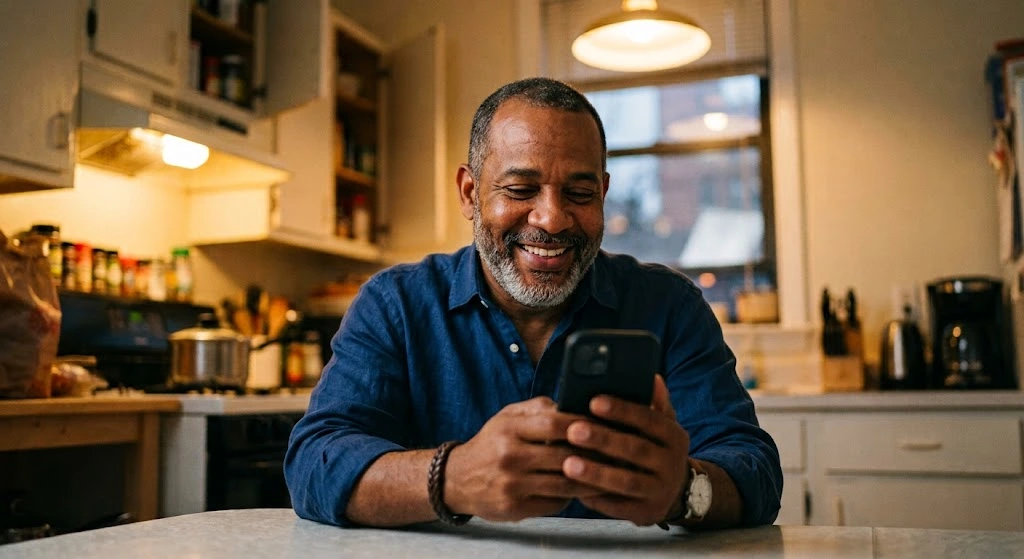 Joven dominicana sonriendo al verificar en su smartphone la recepción exitosa del dinero