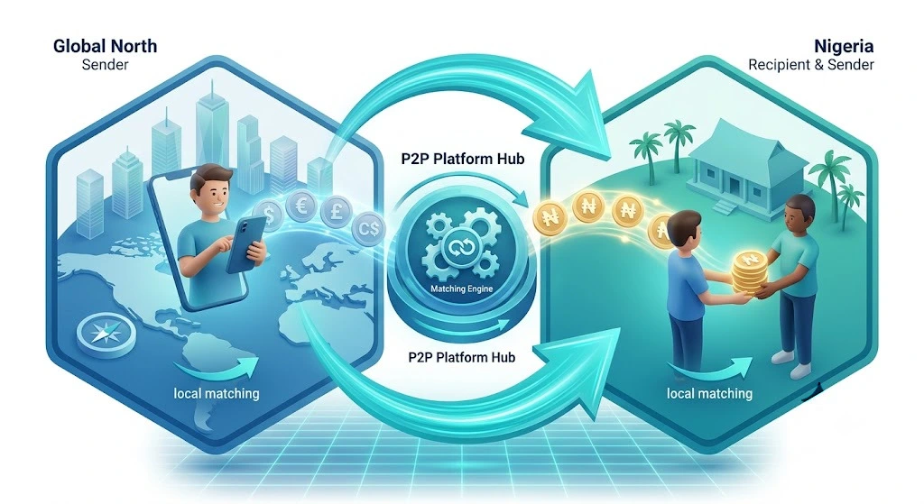Infographie 3D illustrant le transfert P2P et la compensation locale sans passage de fronti&egrave;res