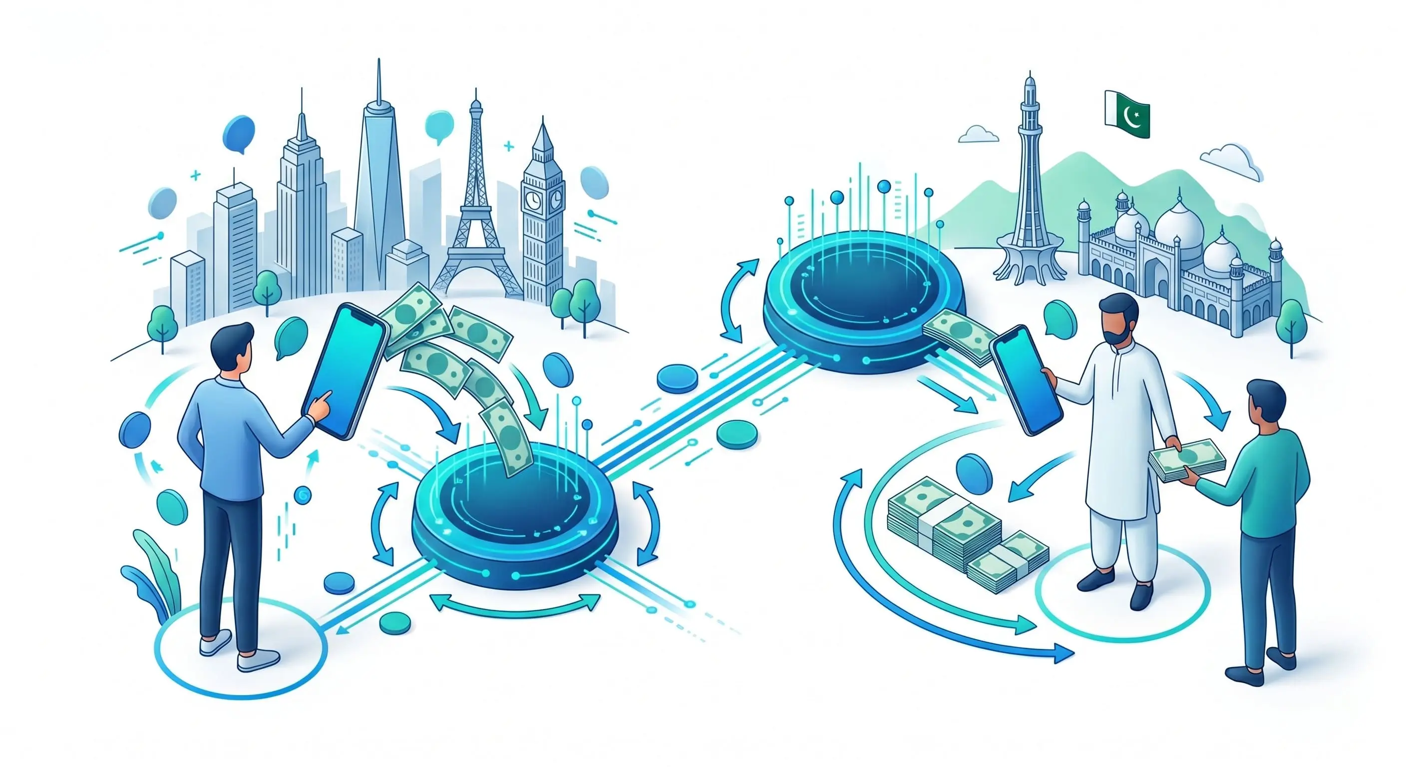 Peer-to-peer financial matching model showing local clearing and mobile transactions without cross-border transit
