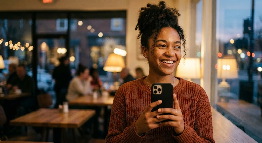 Young person from the diaspora smiling while holding a smartphone after a successful peer-to-peer transfer