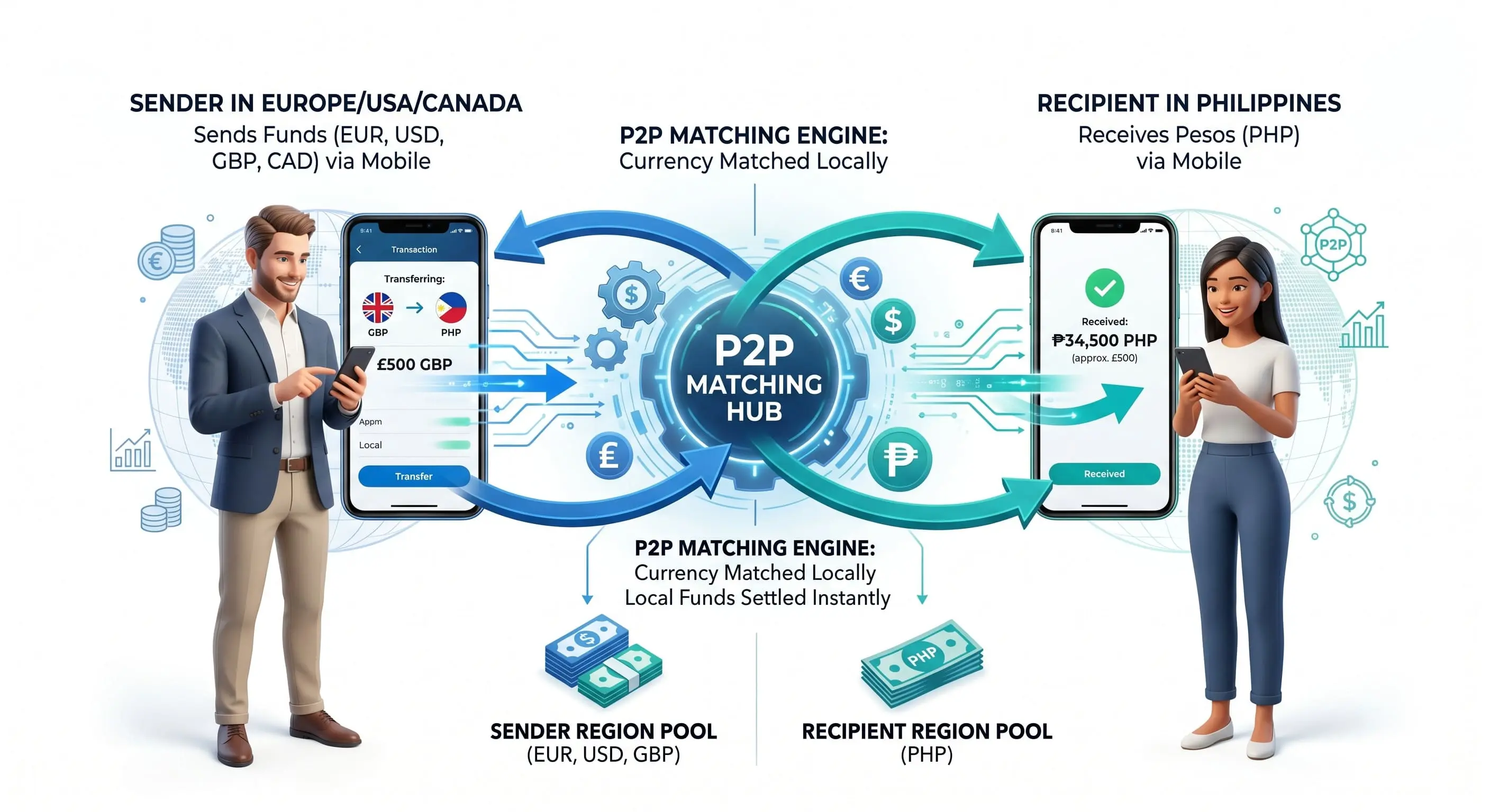 3D infographic illustrating financial local clearing and Peer-to-Peer money transfer matching to bypass international fees